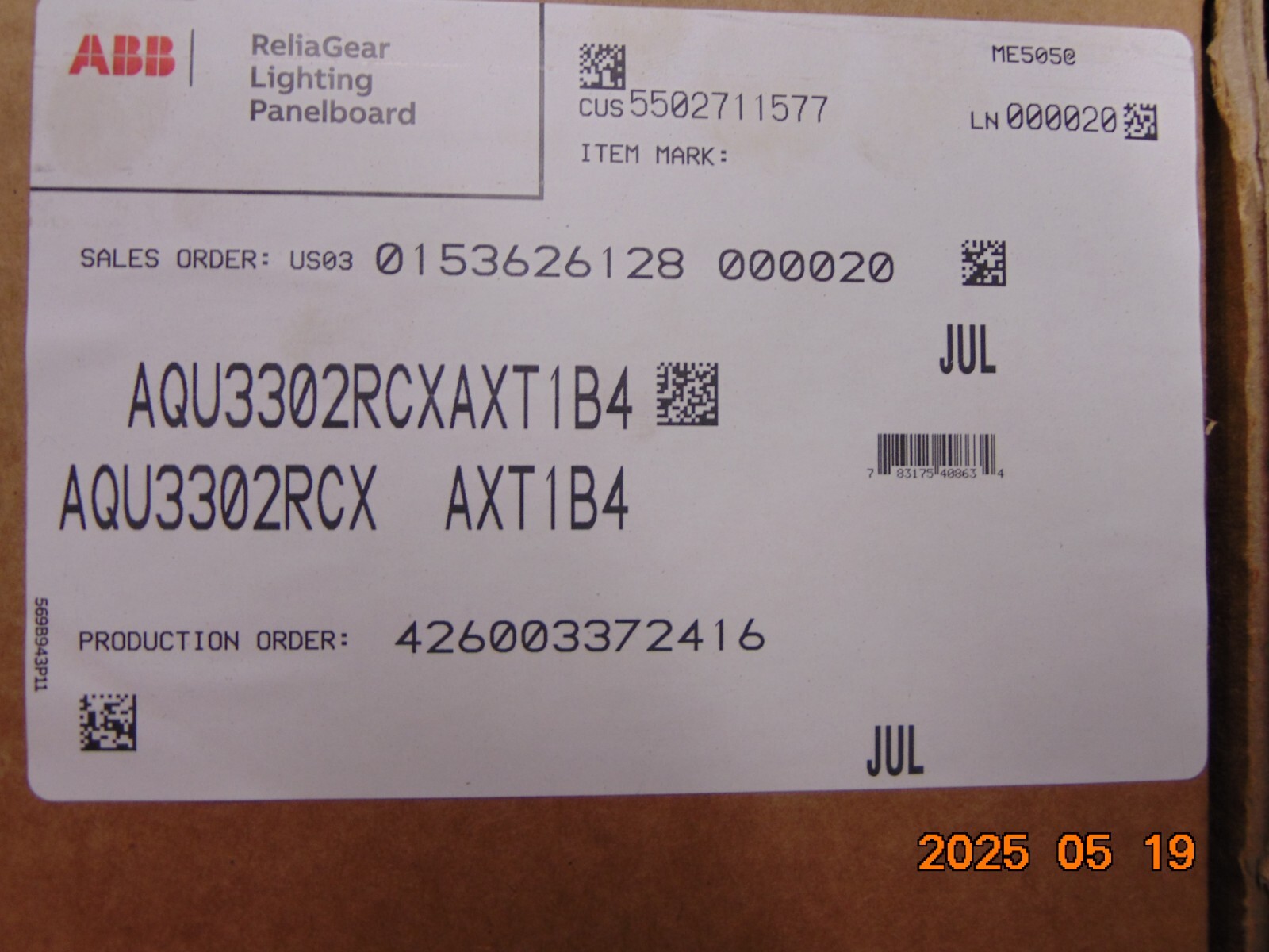ABB GE AQU3302RCX Panelboard 150 MAIN 120/208 Volt 3PH 4W TUB, COVER & DOOR