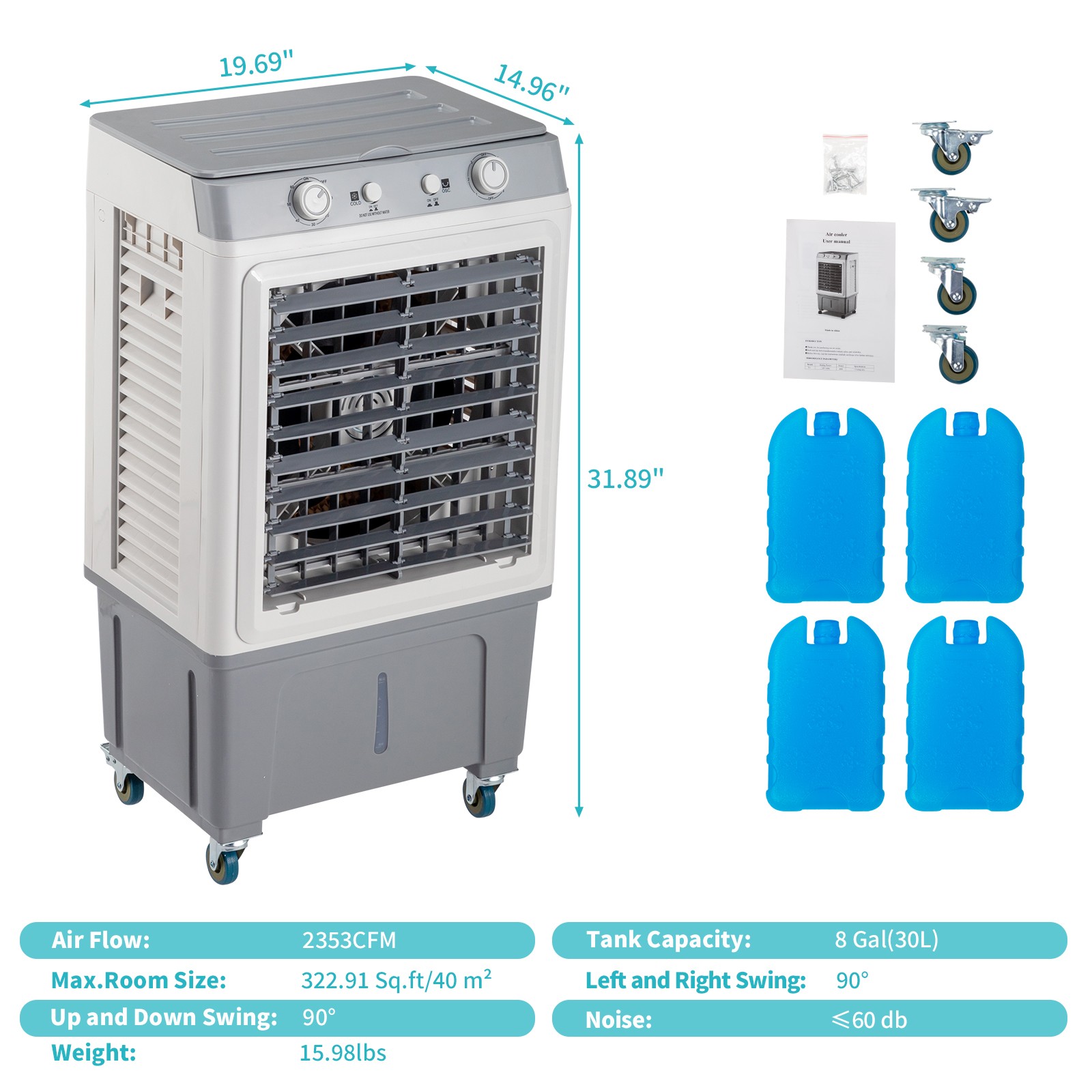 Portable Air Conditioner Fan Evaporative Cooler 2400CFM Swamp Cooler Manual 30L