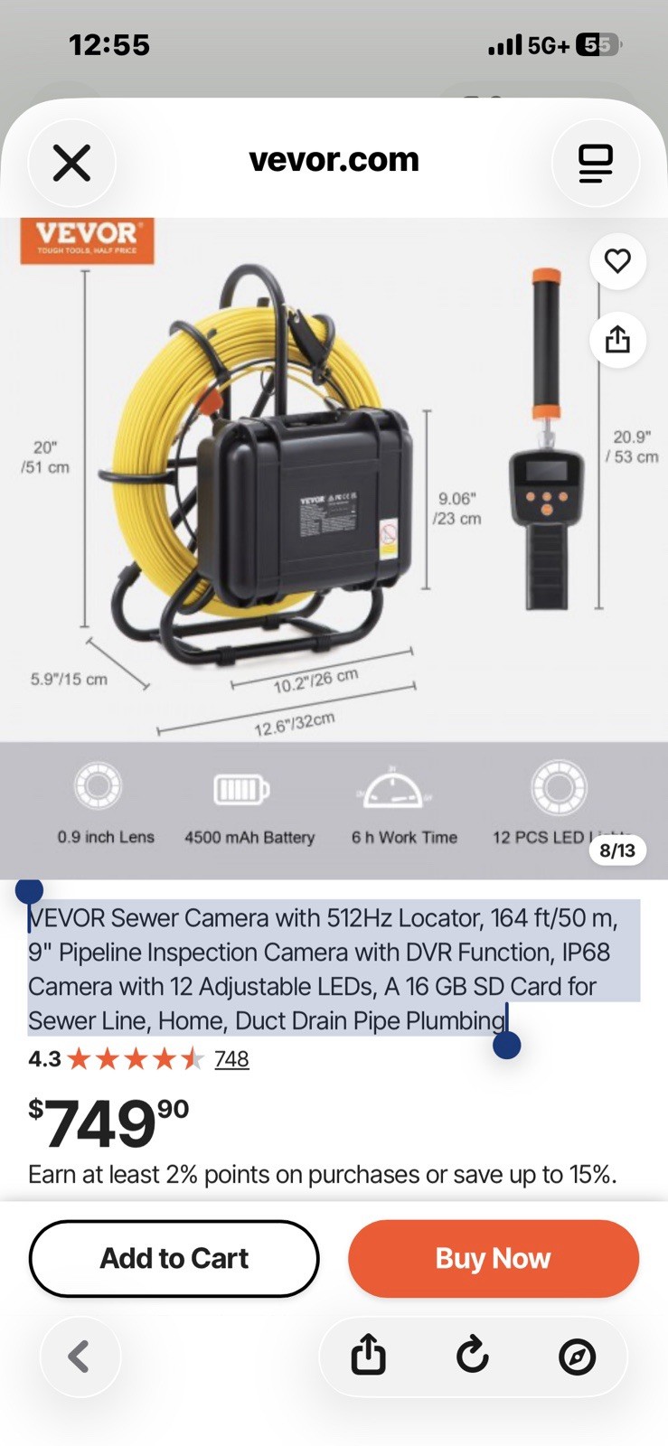 VEVOR Sewer Camera 164ft/50m 512Hz Locator 720P LCD DVR IP68 12 LED