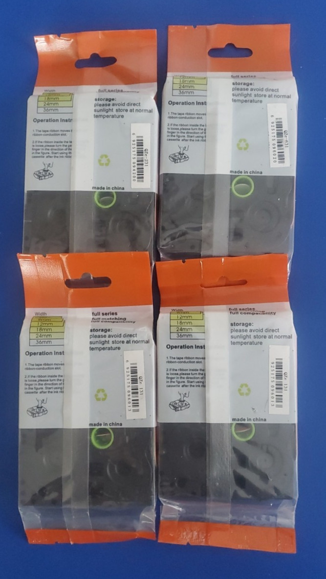 4 TZ & TZe Compatible Tapes – .47″ (12mm) X 8m – 1 Yellow, 1 White, & 2 Clear