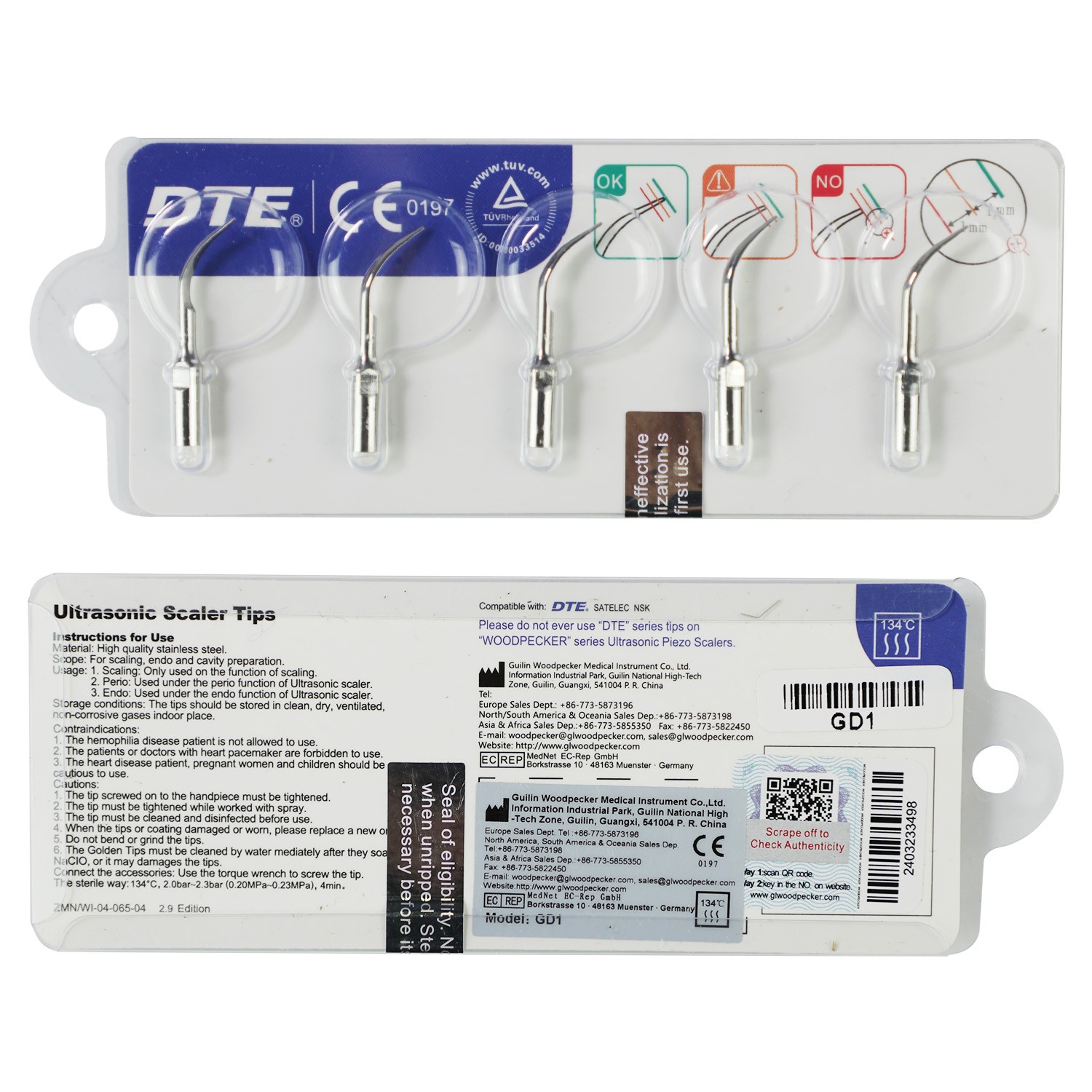 DTE Dental Ultrasonic Scaler Scaling Tips GD1 5pc/pk Fit NSK & Satelec Scaler