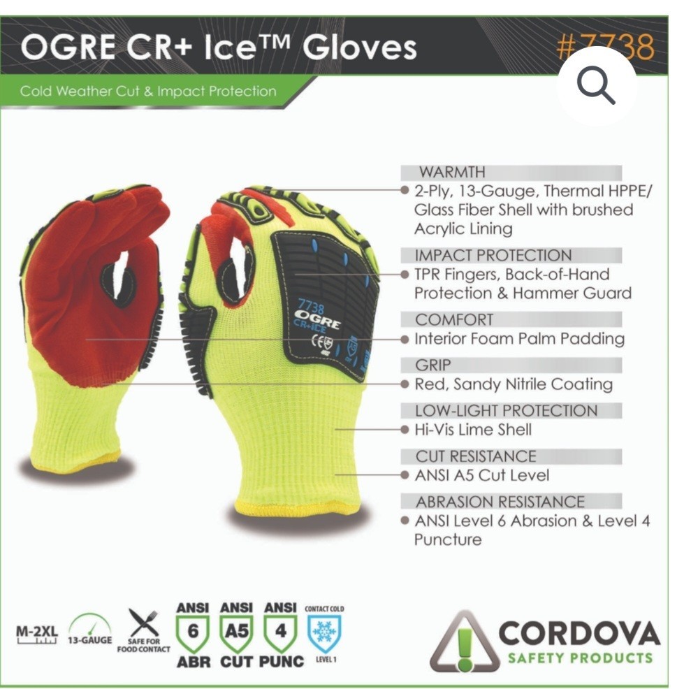Cordova OGRE CR ICE Work Gloves XL 7738 Impact Cut Resistant ANSI A5 Thermal Red