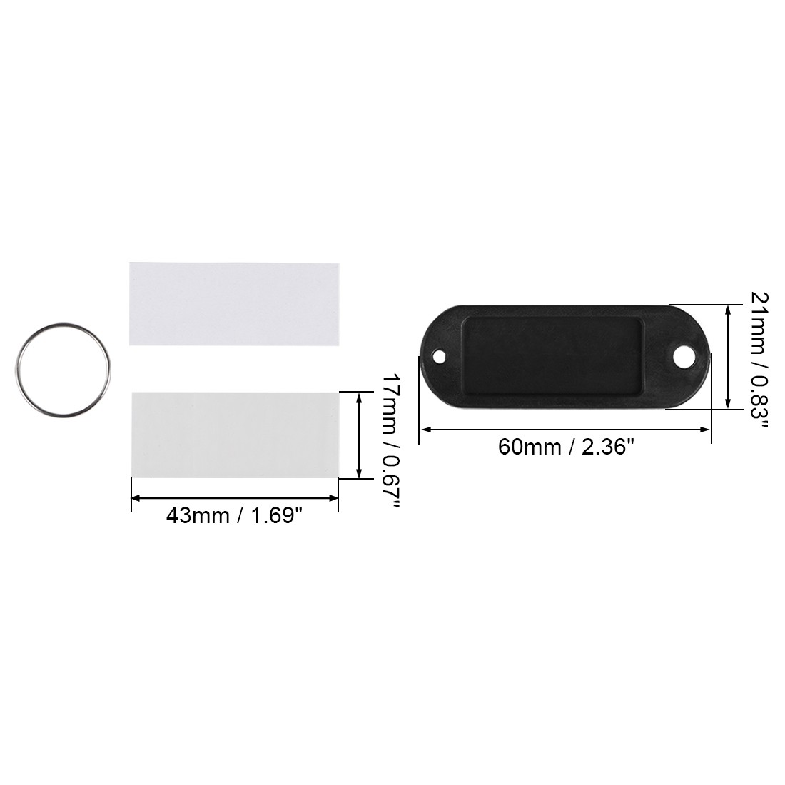 20Pcs, Plastic Key Tags with Split Ring Keychain ID Label Window 60x21mm Black