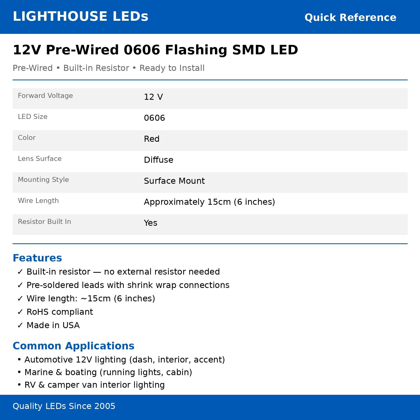 10 x 12v 0606 0603 Red Nano Flashing SMD Pre-Wired LED Light Blinking 9v 18v 6v