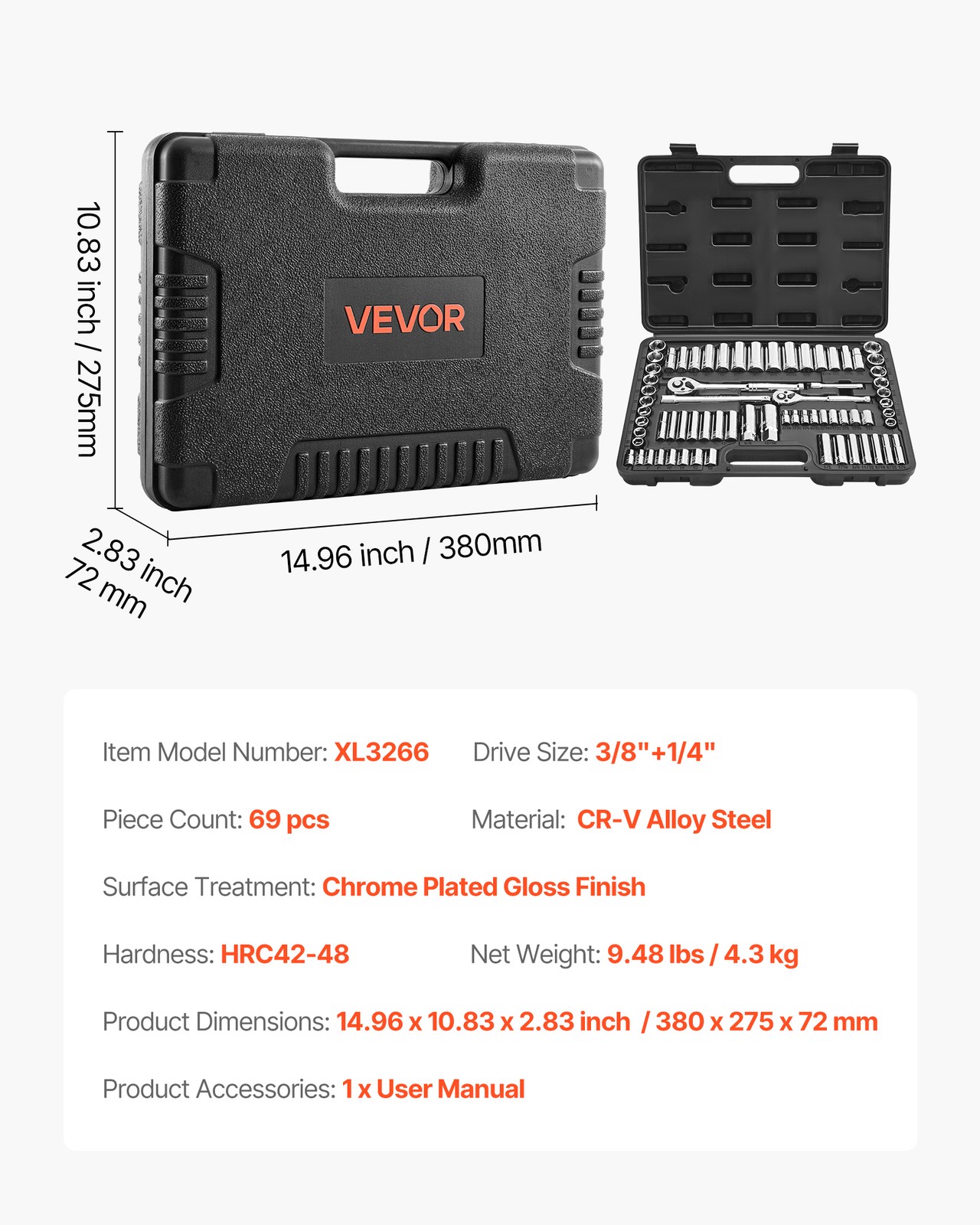 VEVOR Socket Set Socket and Ratchet Set 69 Pieces 3/8 & 1/4 in Drive Auto Repair