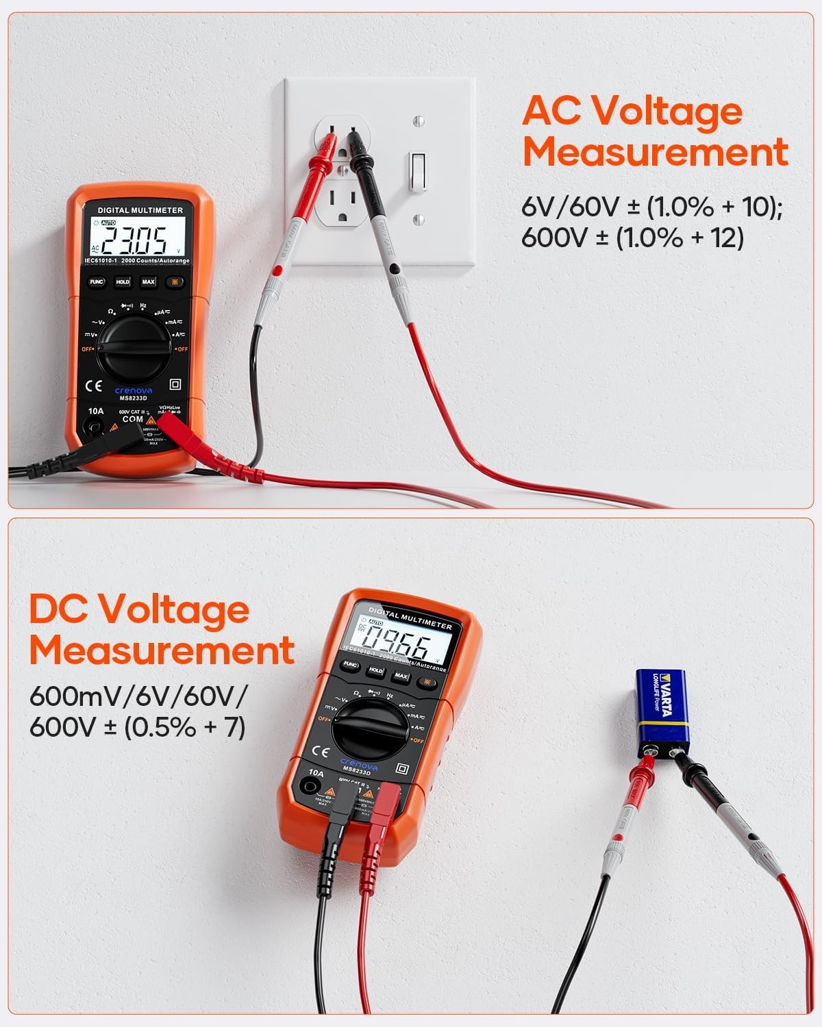 Crenova MS8233D Multimeter 6000 Counts Digital Multimeter DC AC Volt Meter Ohm V