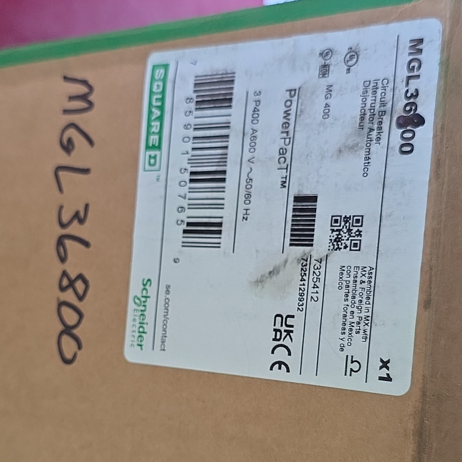 800A Square D PowerPact MG 800 MGL36800 800A 3-Pole 600V AC Trip Ind