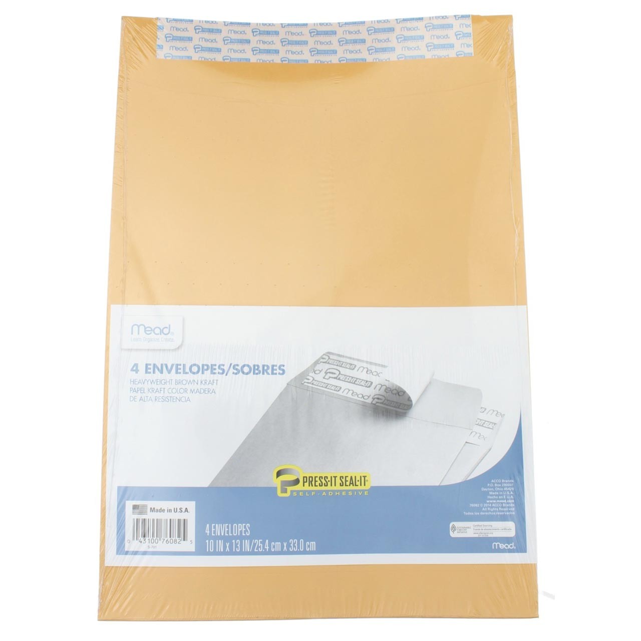 5 Pack Mead Press-It Seal-It Envelopes, 10in X 13in, 4 Ct