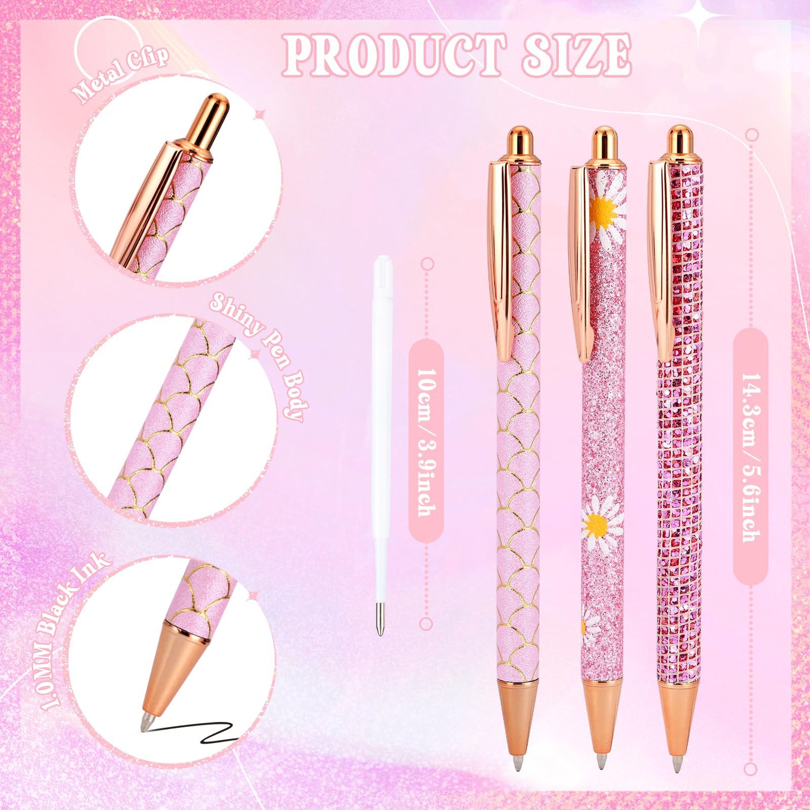 8 Pcs Pink Sparkly Pens for Women – Cute Glitter Ballpoint Pens with 10 Refil…