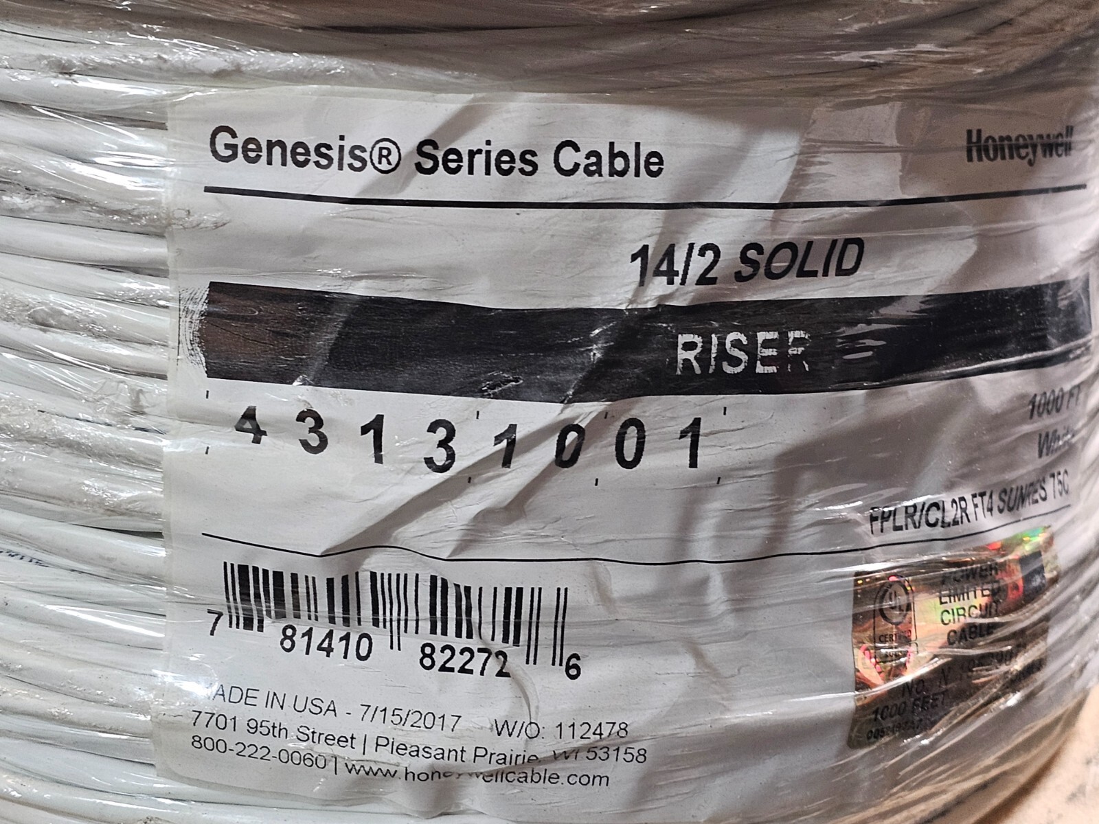 Genesis 43131001 1000 Ft. 14/2 Solid Unshielded Fire Alarm Cable, Riser, FPLR