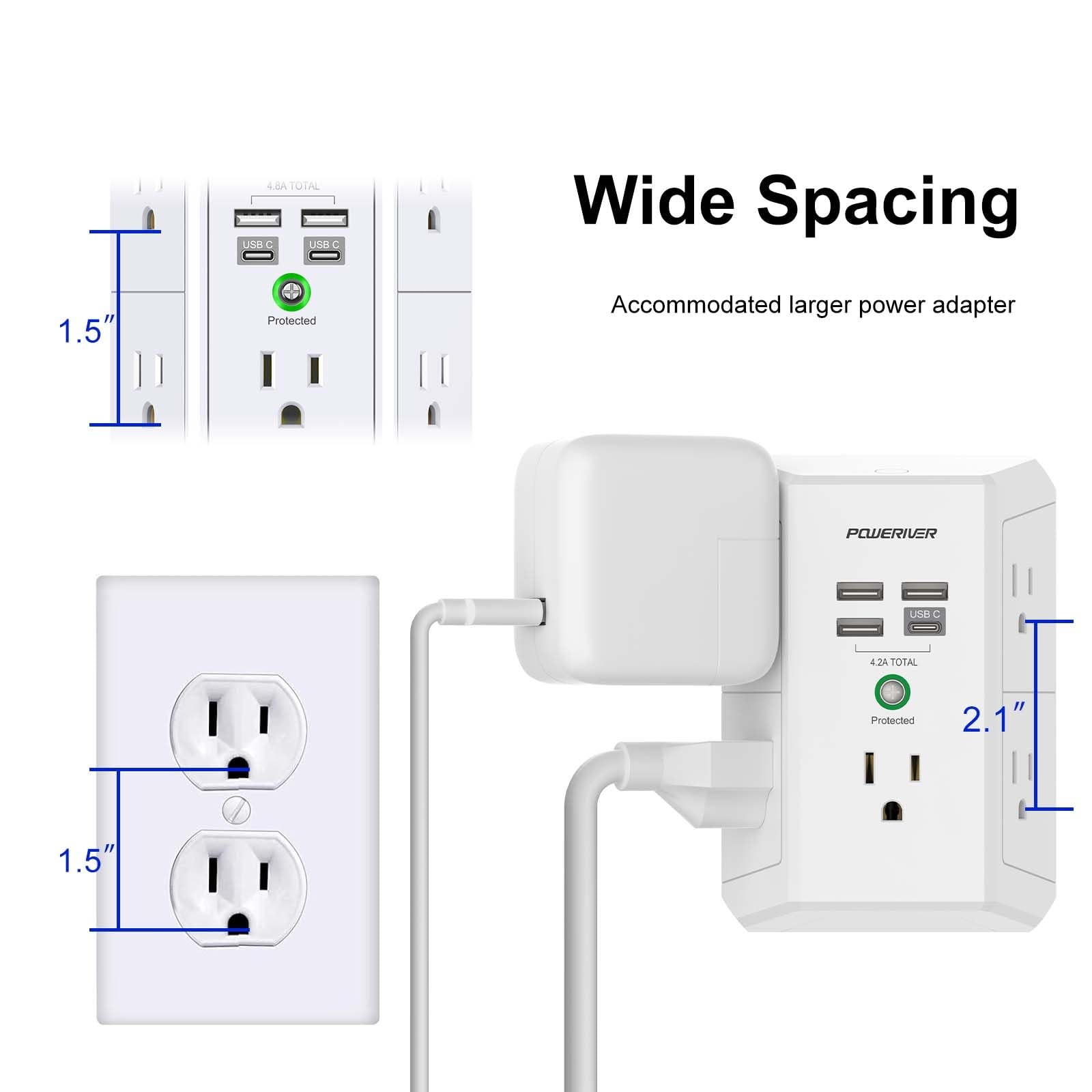 Usb Wall Charger, Multi Outlet Extender Surge Protector With 4 Usb Ports, 1680j