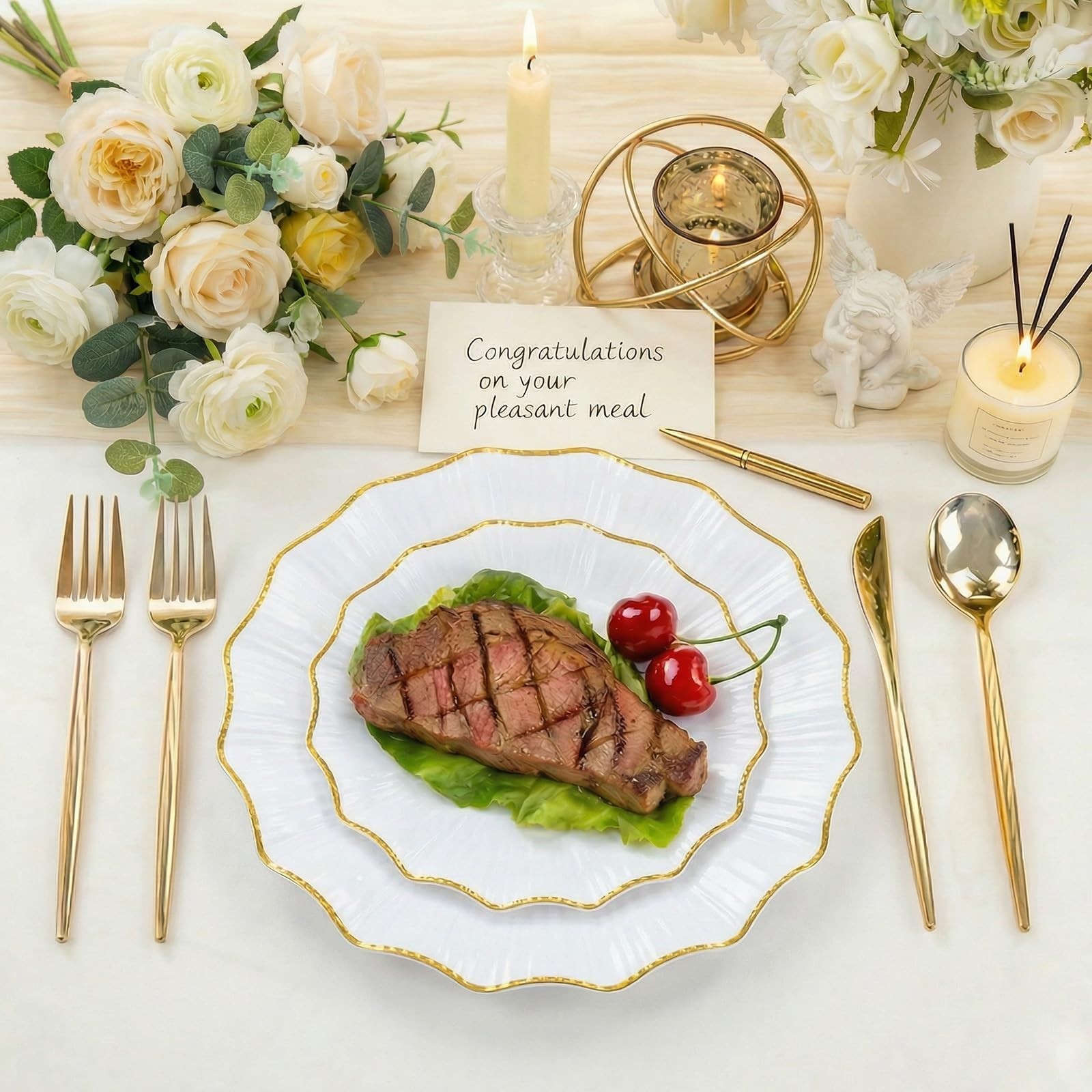 Rubtlamp Heavyduty 60Pcs Gold Plastic Plates – White Scalloped Plates with Go…