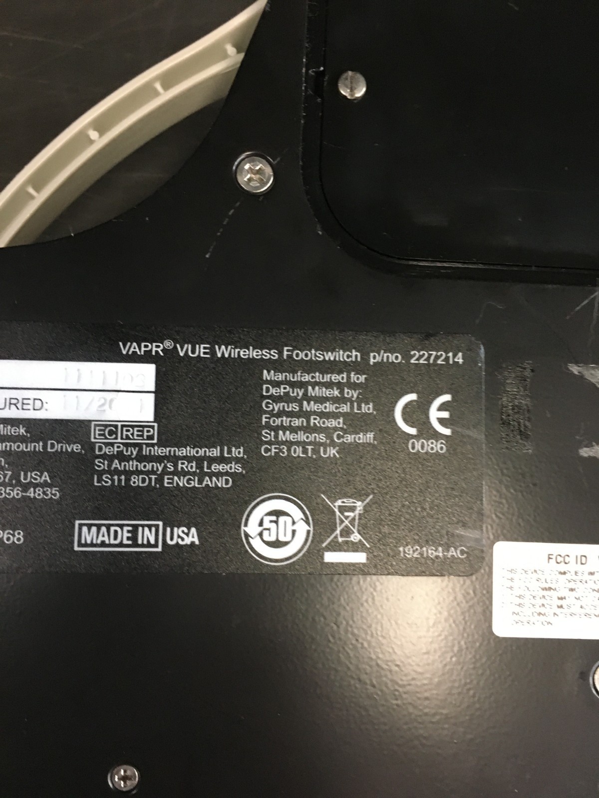 DePuy Mitek VAPR Vue Wireless Footswitch Foot Switch Pedal REF 792025 227214
