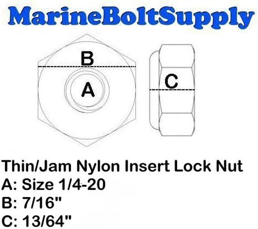 Stainless Steel Thin Jam Nylon Insert Lock Nuts 1/4-20 (Pack of 50) Marine Bolt