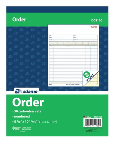 Adams Order Book, 2-Part, Carbonless, White/Canary, 8-3/8 x 10-11/16 Inches, 50