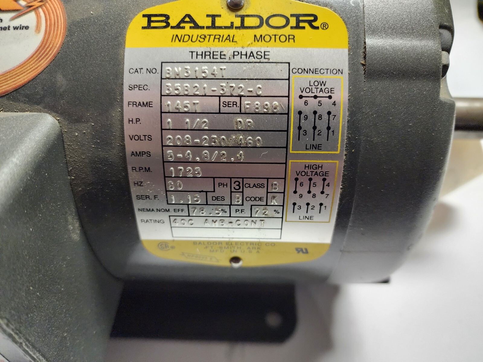 Baldor 1-1/2 HP 3 Ph. 1725 RPM Inverter Duty Brake Motor 145T Cat No. BM3154T