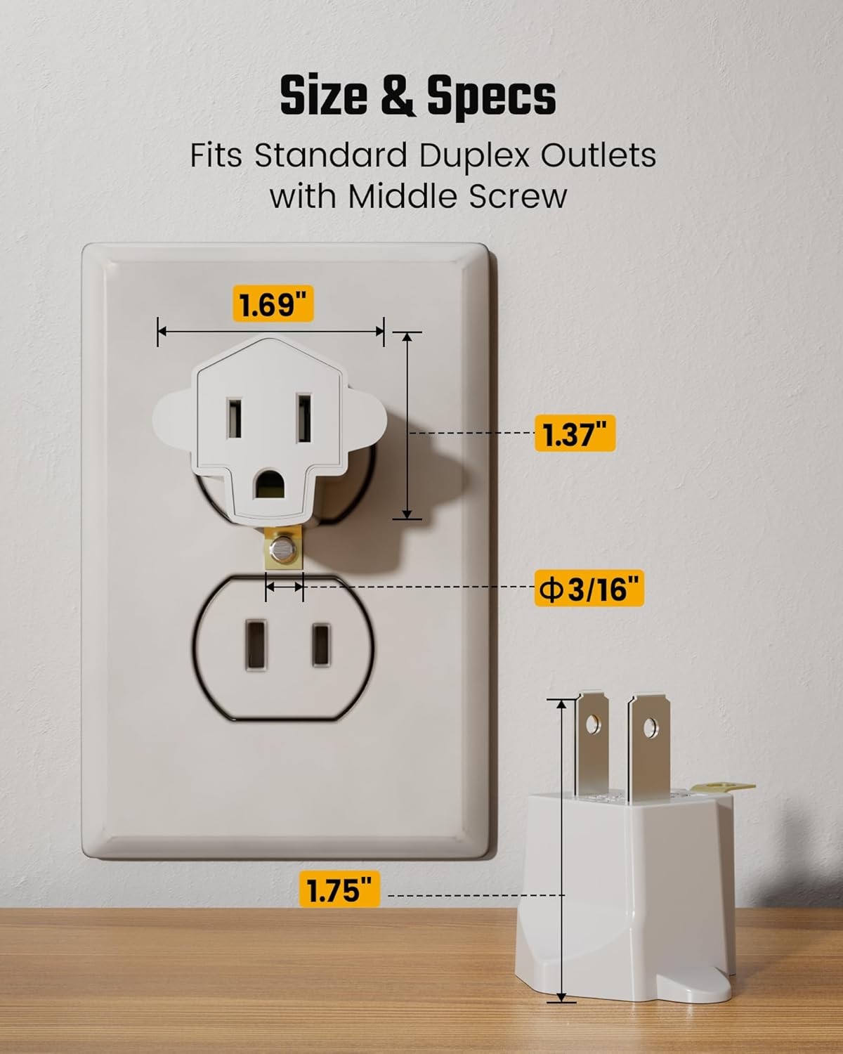 2 Prong to 3 Outlet Adapter, SUPERDANNY ETL Listed 3-2 White (4-Pack)