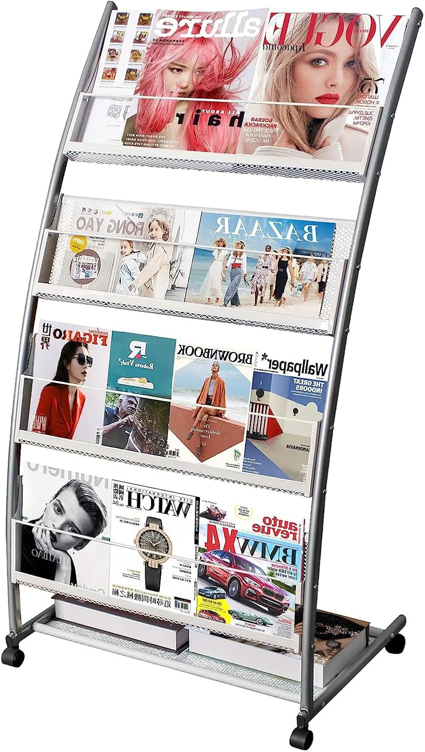 Floor Standing Magazine Rack with Wheels – 4 Pocket Metal Display Stand