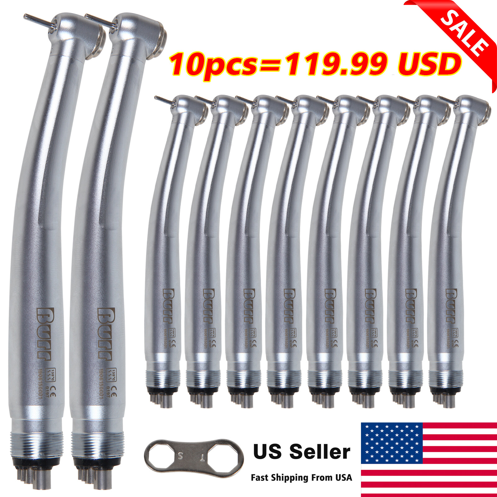 10 Pcs BURR NSK PANA MAX Style Dental High Speed Turbine Handpiece 4Hole U3BM