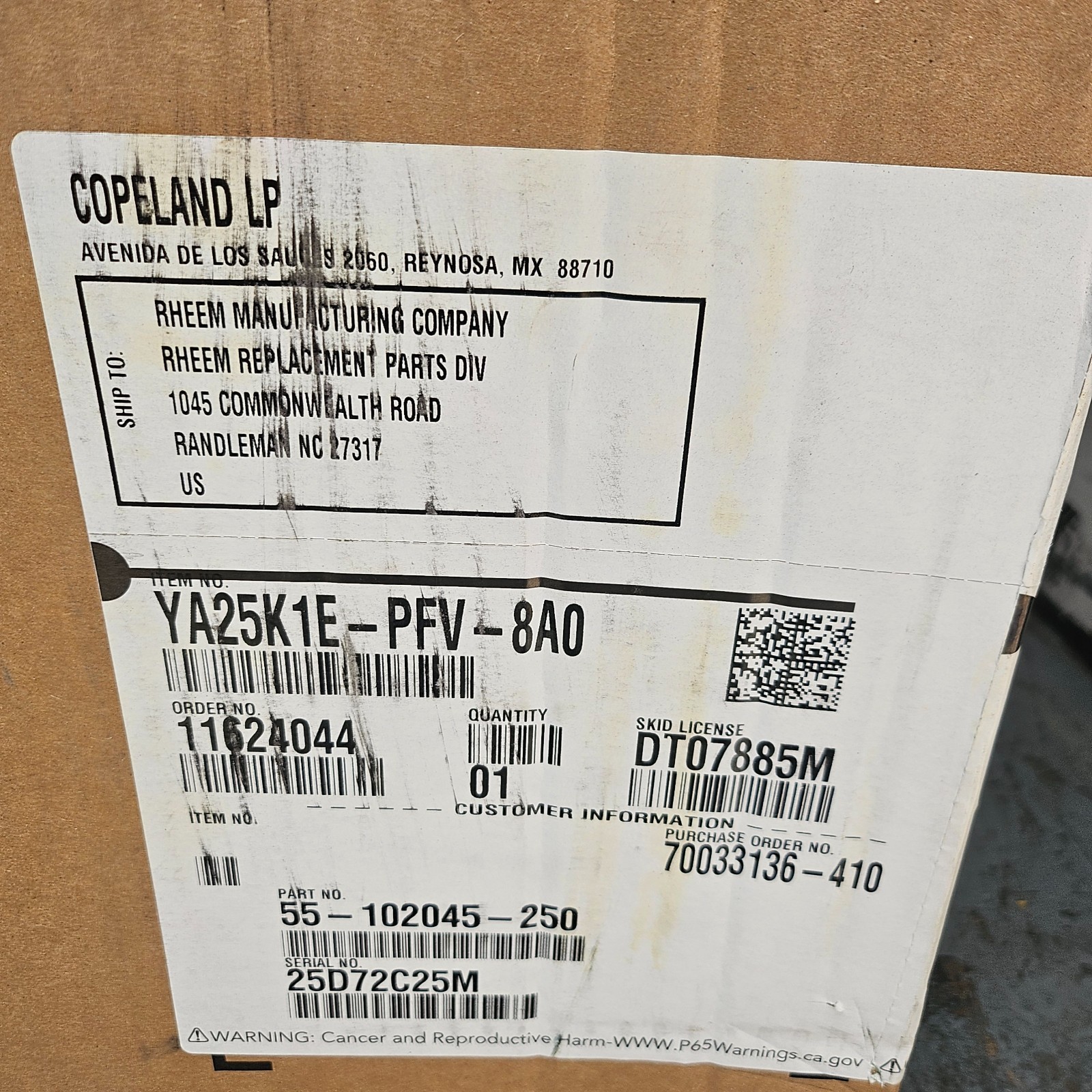Brand New Copeland Scroll Compressor YA25K1E-PFV-8A0. 55-102045-250