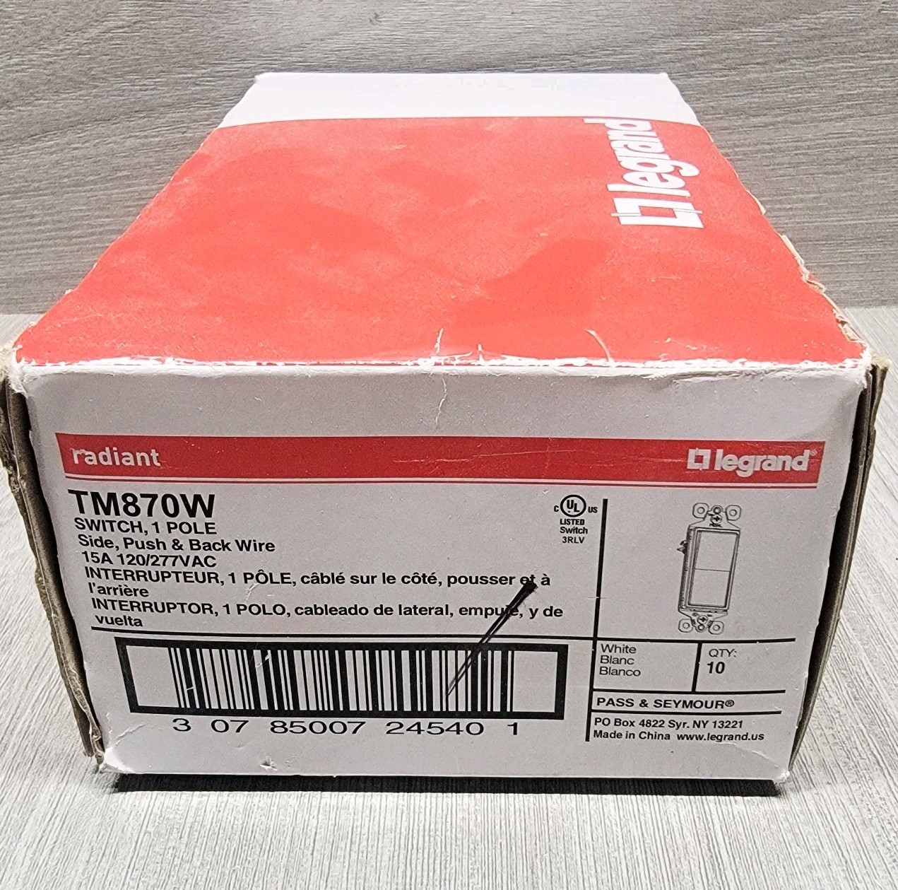 Box of 10 – Legrand TM870W Switch 1Pole Side Push & Back Wire 15A 120/277VAC