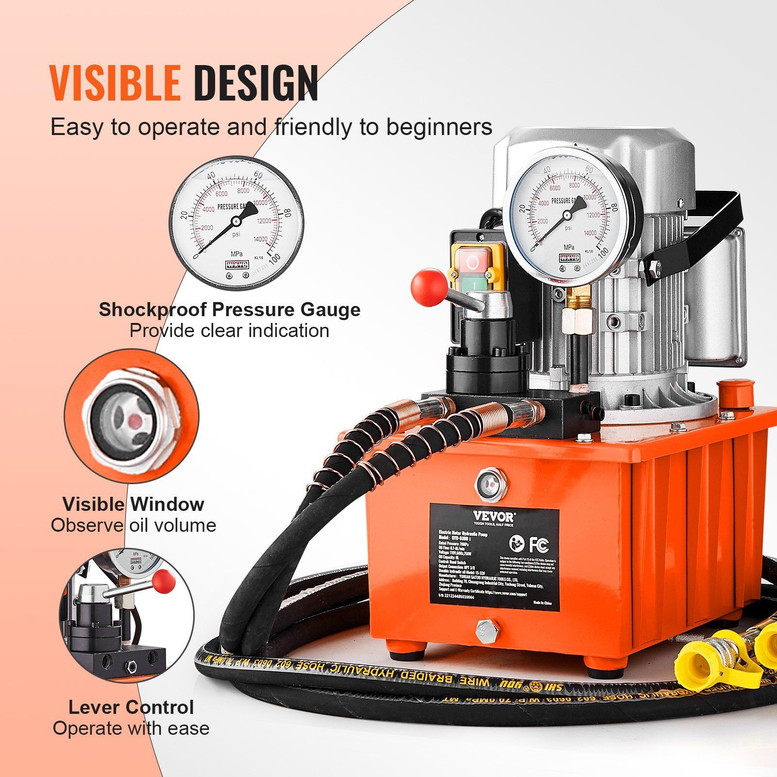 Electric Hydraulic Pump 10000 PSI 750W 110V 488in³/8L Double Acting Manual Valve