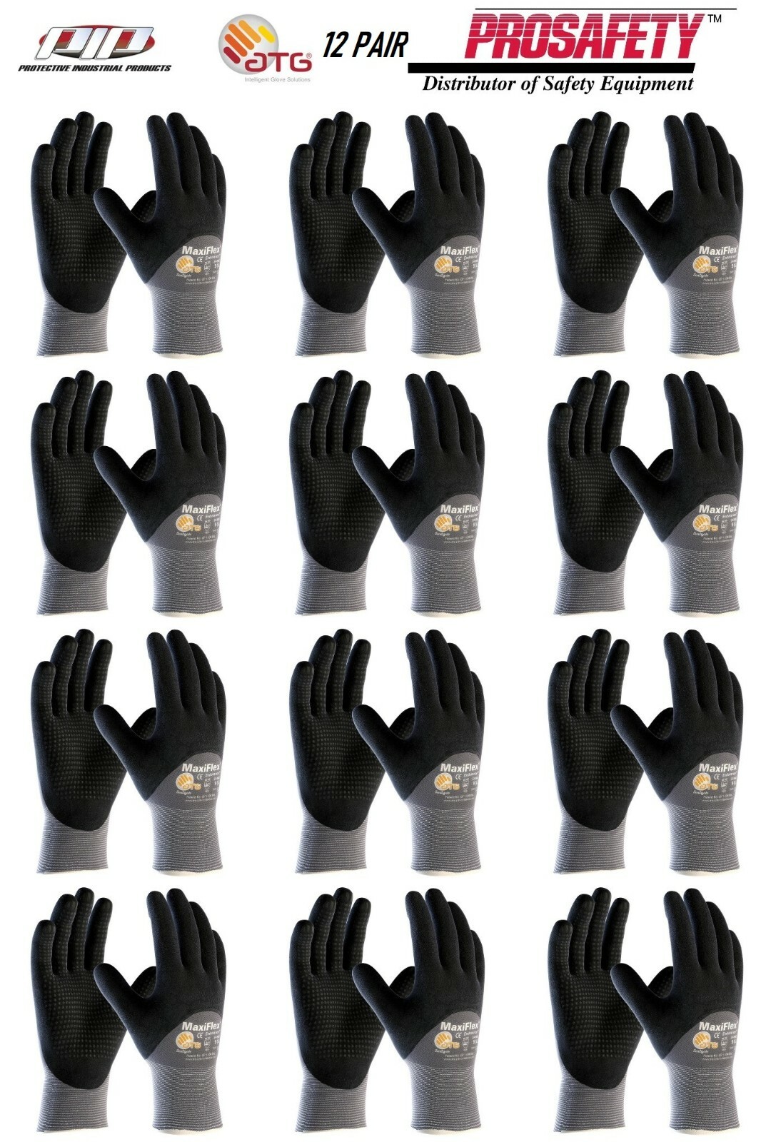 12- PIP 34-845 MaxiFlex Coated Dotted Palms Nitrile Grip PROTECTIVE WORK GLOVES