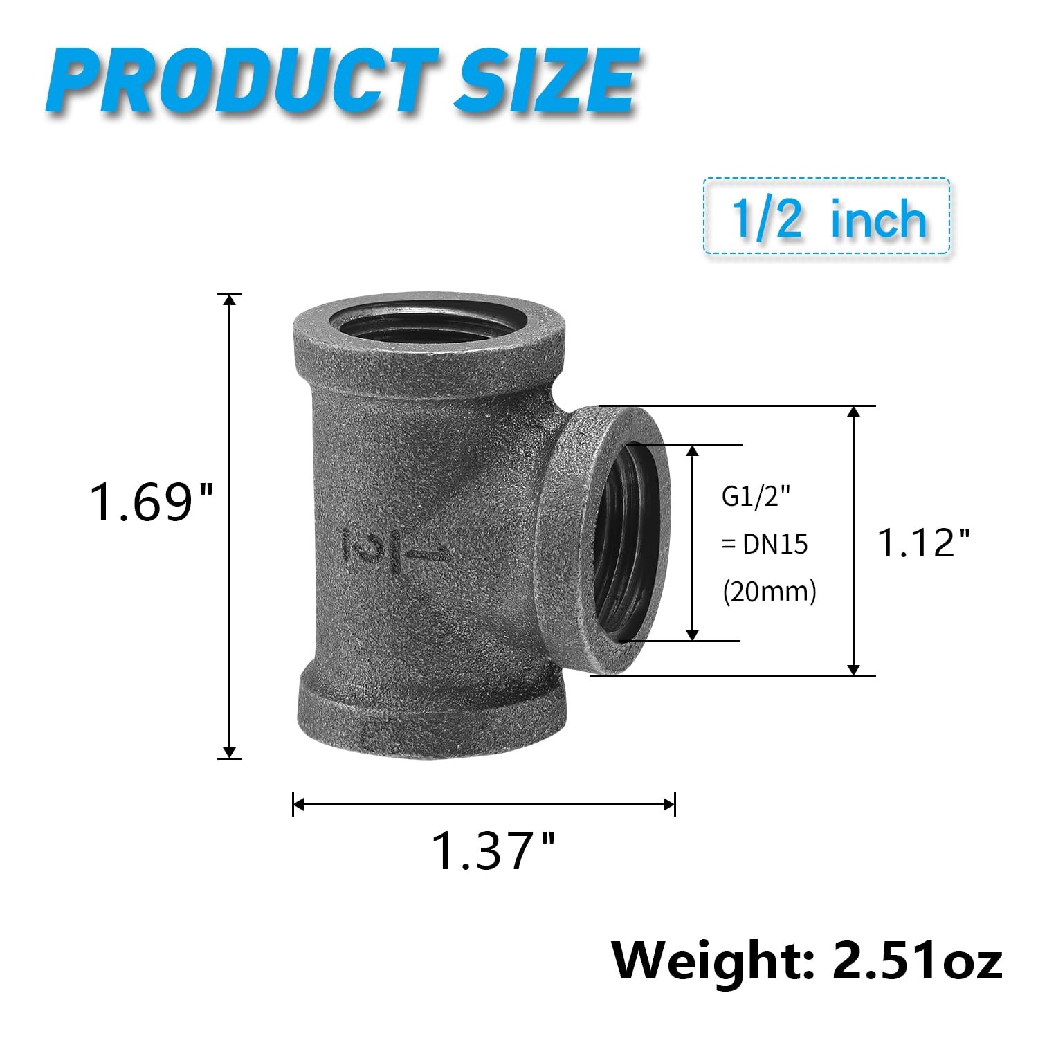 1/2″ Pipe Fitting Tee Dn15 Gray Threaded Cast Malleable Iron Tee For Steampunk V