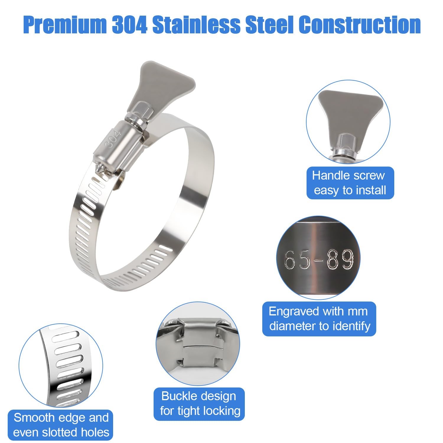 LeMotech 5 Pack Hose Clamp Stainless Steel Adjustable 21/2″ ~ 31/2″ （6589mm）W…