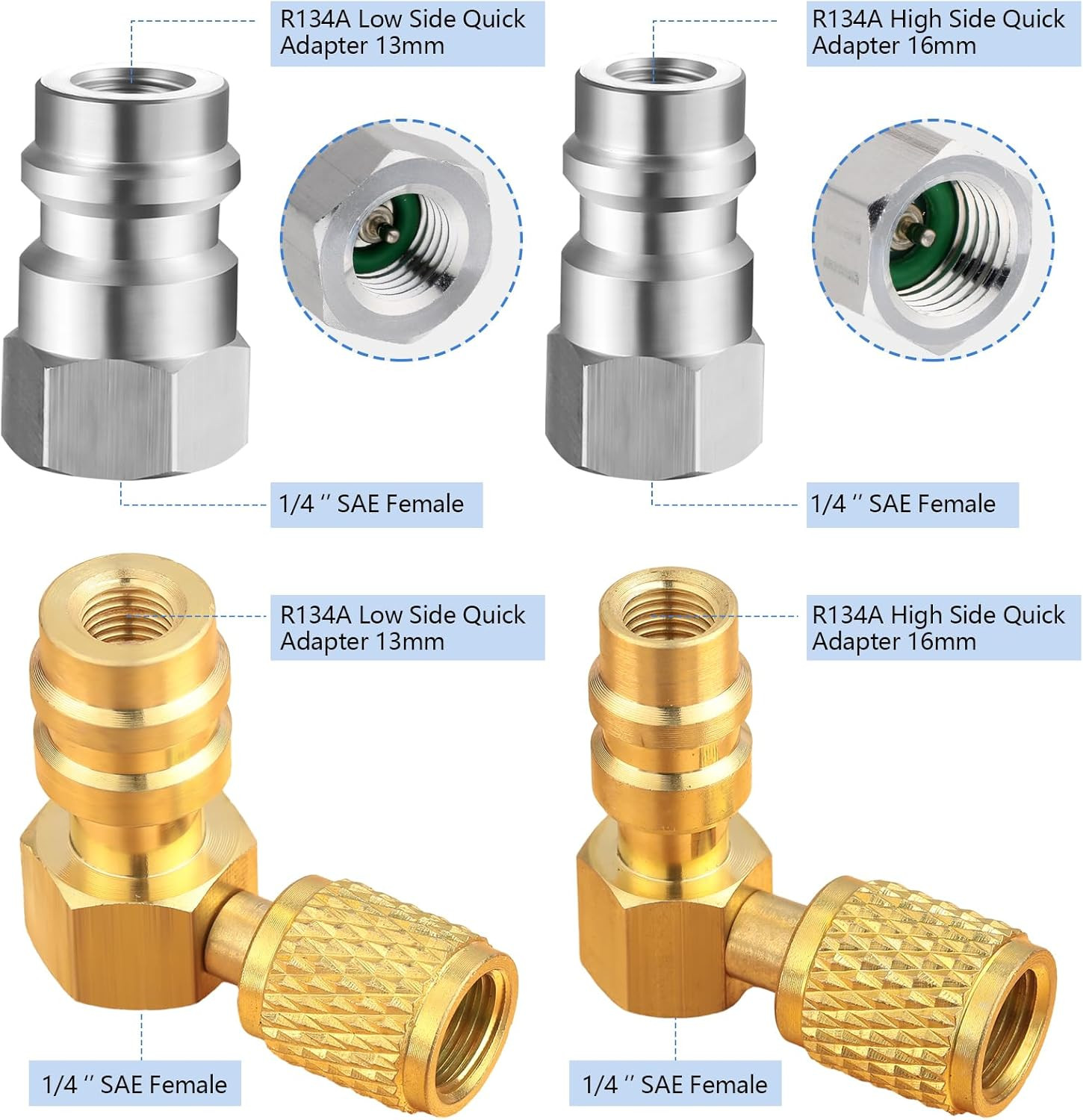 R12 to R134A AC Fitting Conversion Adapter Kit, Quick Coupler Valve A/C 90° Port