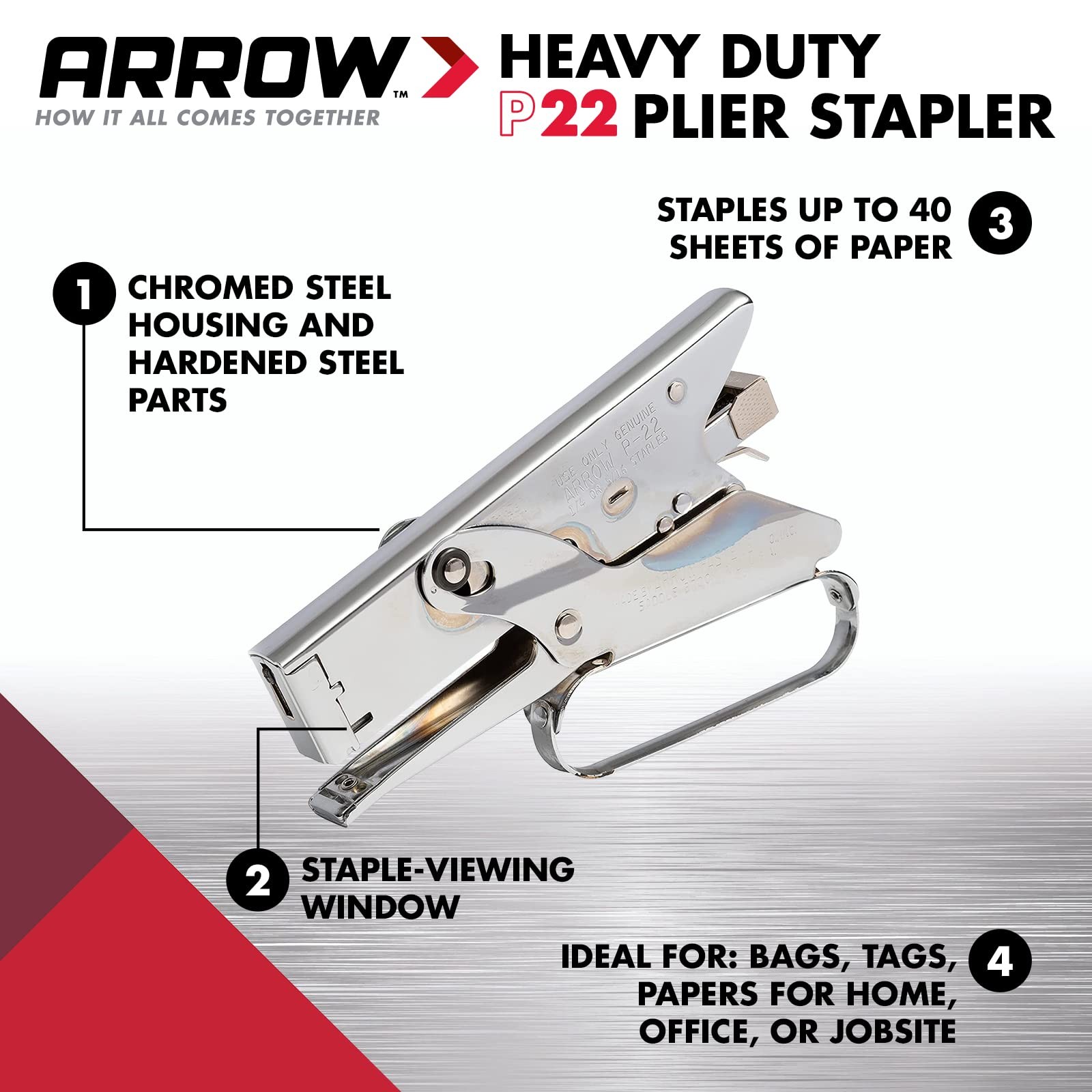 Arrow P22 Plier Stapler Heavy Duty Chrome Steel for Paper and Plastic Stapling