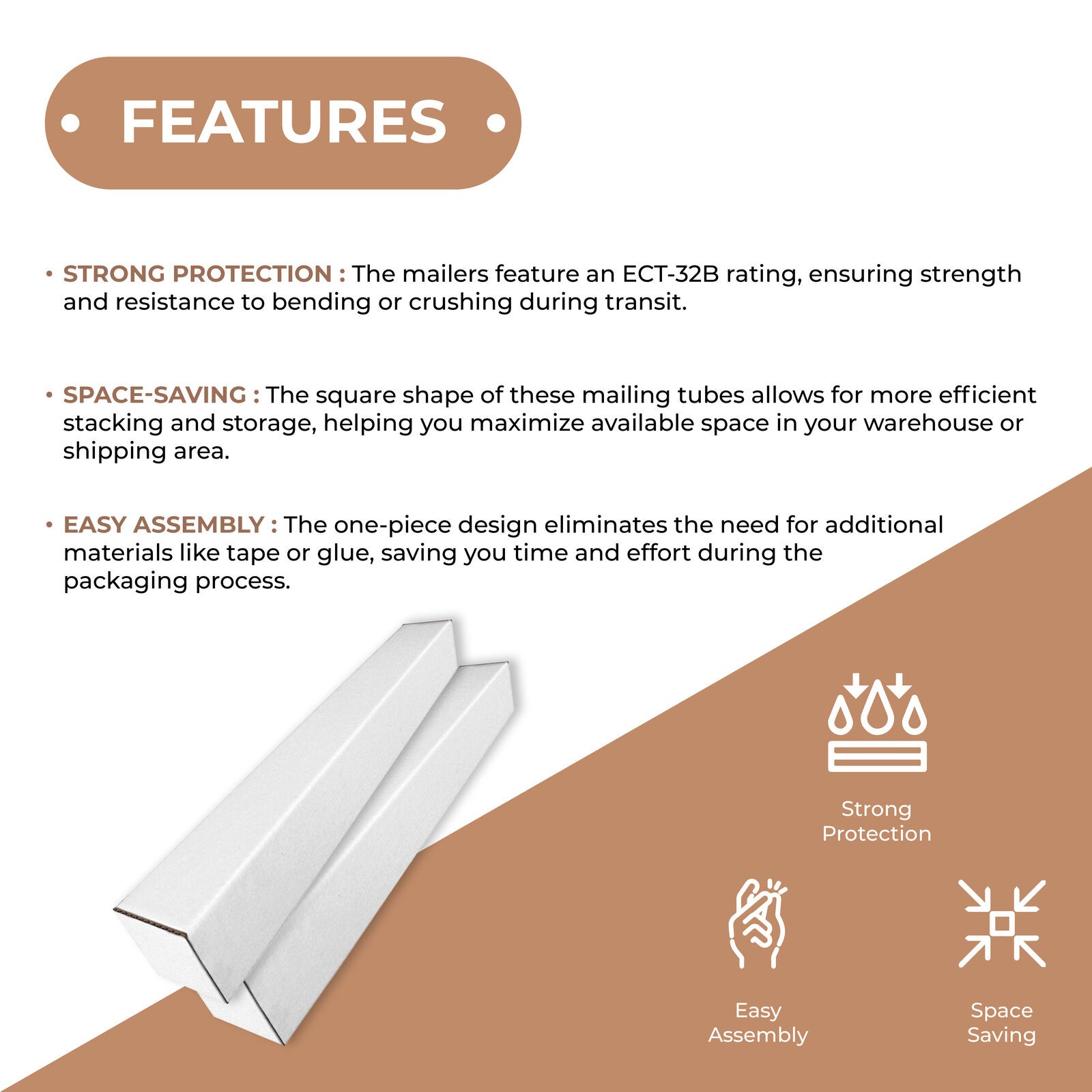 White Square Mailing Tubes: 3x3x18 ECT-32B 25/Case