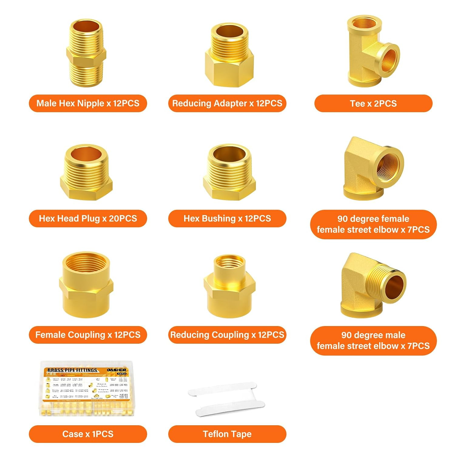 104Pcs Brass Pipe Fittings Assortment Kit, Reducing Adapter, Hex Nipple, Female