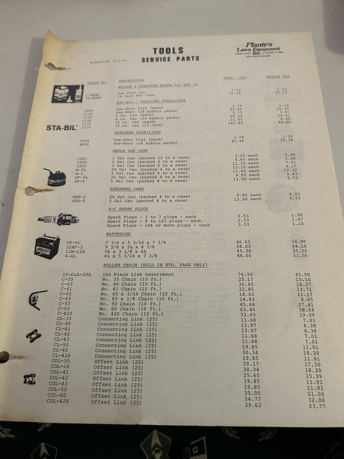 PLANTES LAWN EQUIPMENT TOOLS AND SERVICE PARTS PRICE SHEET 12-1-1983
