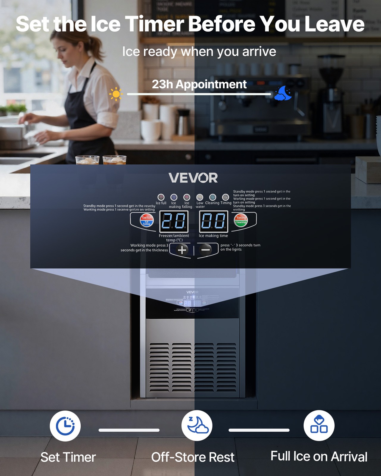 VEVOR Commercial Ice Maker 130 lbs/24h Ice Machine 30 lbs Storage Bar Restaurant