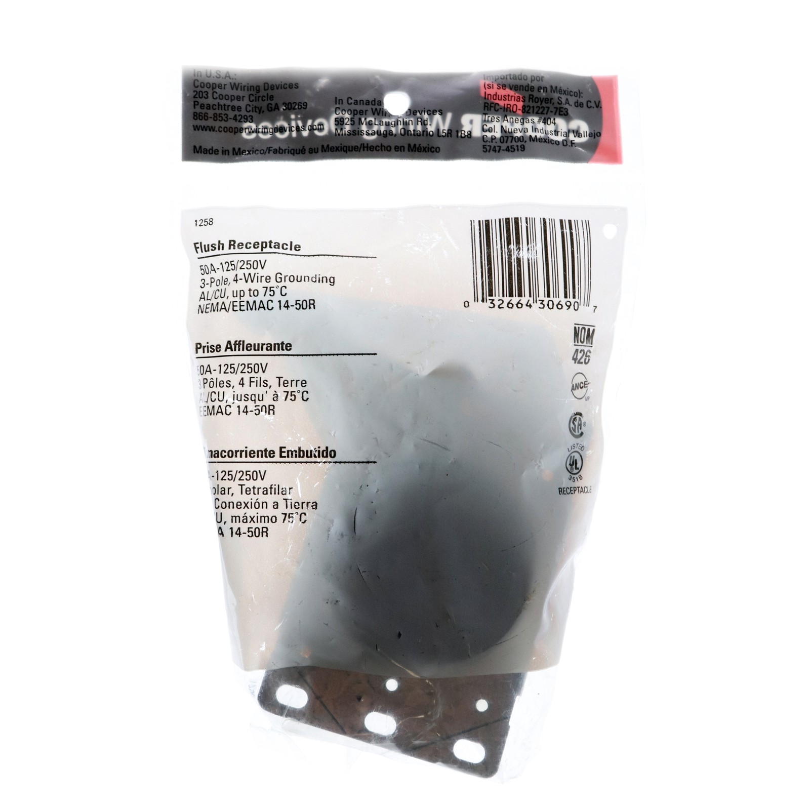 COOPER EATON 1258 FLUSH MOUNT DRYER RECEPTACLE, 3P, 4W, 50A, 125/250V, 14-50R
