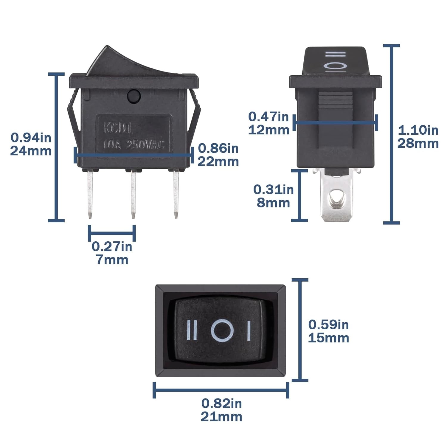 Black Rocker Switch ON-OFF-ON 6 Pin 21X15mm DPDT 6A/250VAC 10A/125VAC 2/5/10 Pc