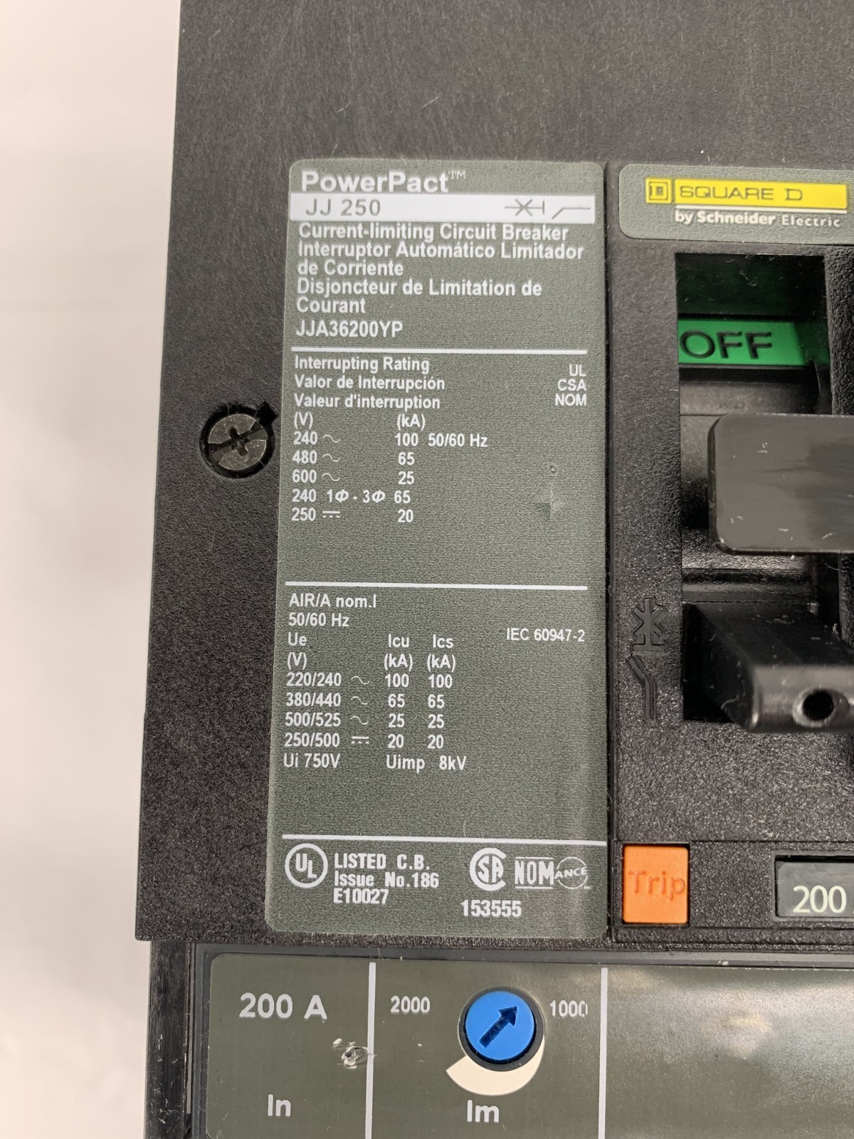Square D JJA36200YP PowerPact JJ 250 I-Line Circuit Breaker 200A 480V 3P 3PH