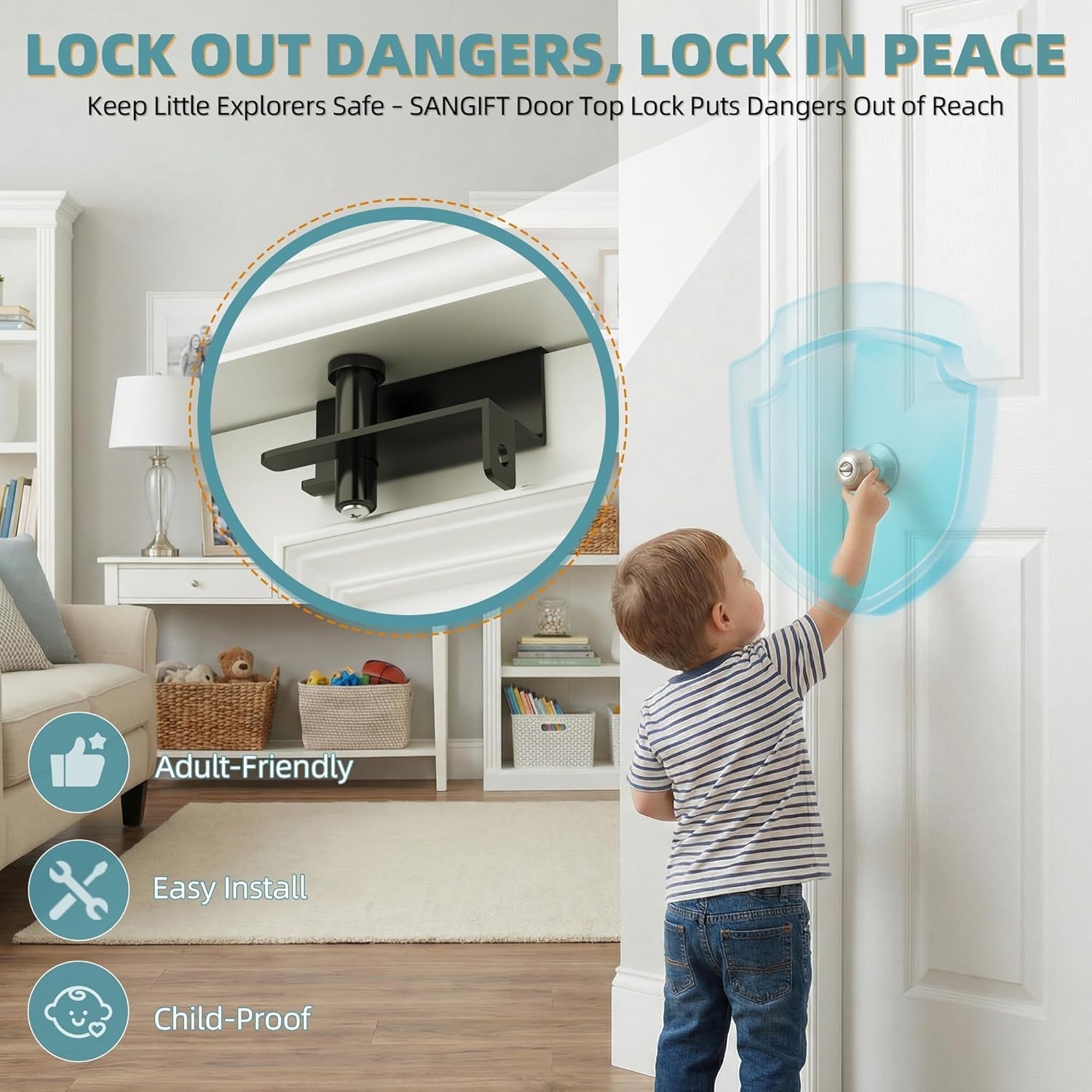 Adjustable Child Proof Door Top Lock with Ergonomic Grip, 2MM Thick Solid Steel