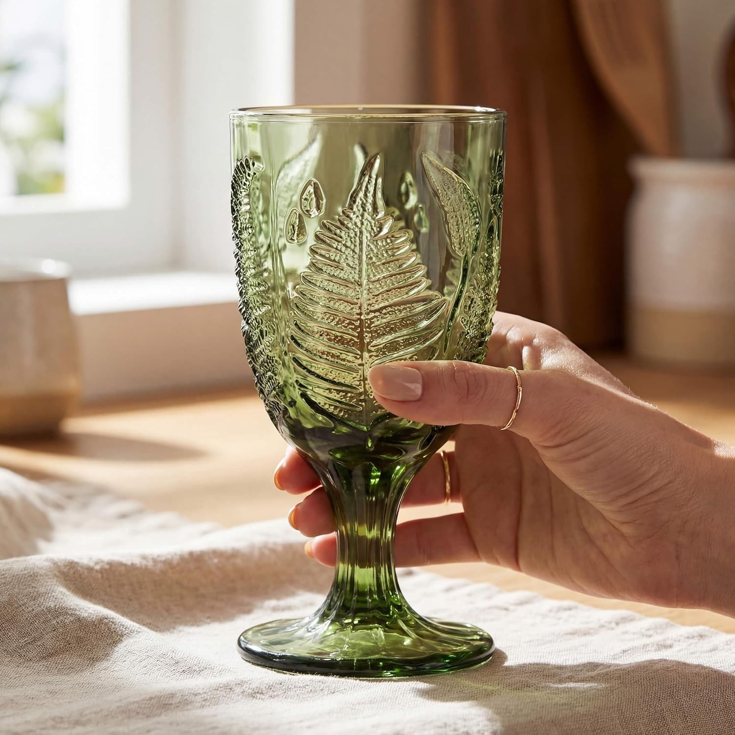 Vintage Green Stemmed Goblets Set of 4, Fern Embossed Textured Glass Wine