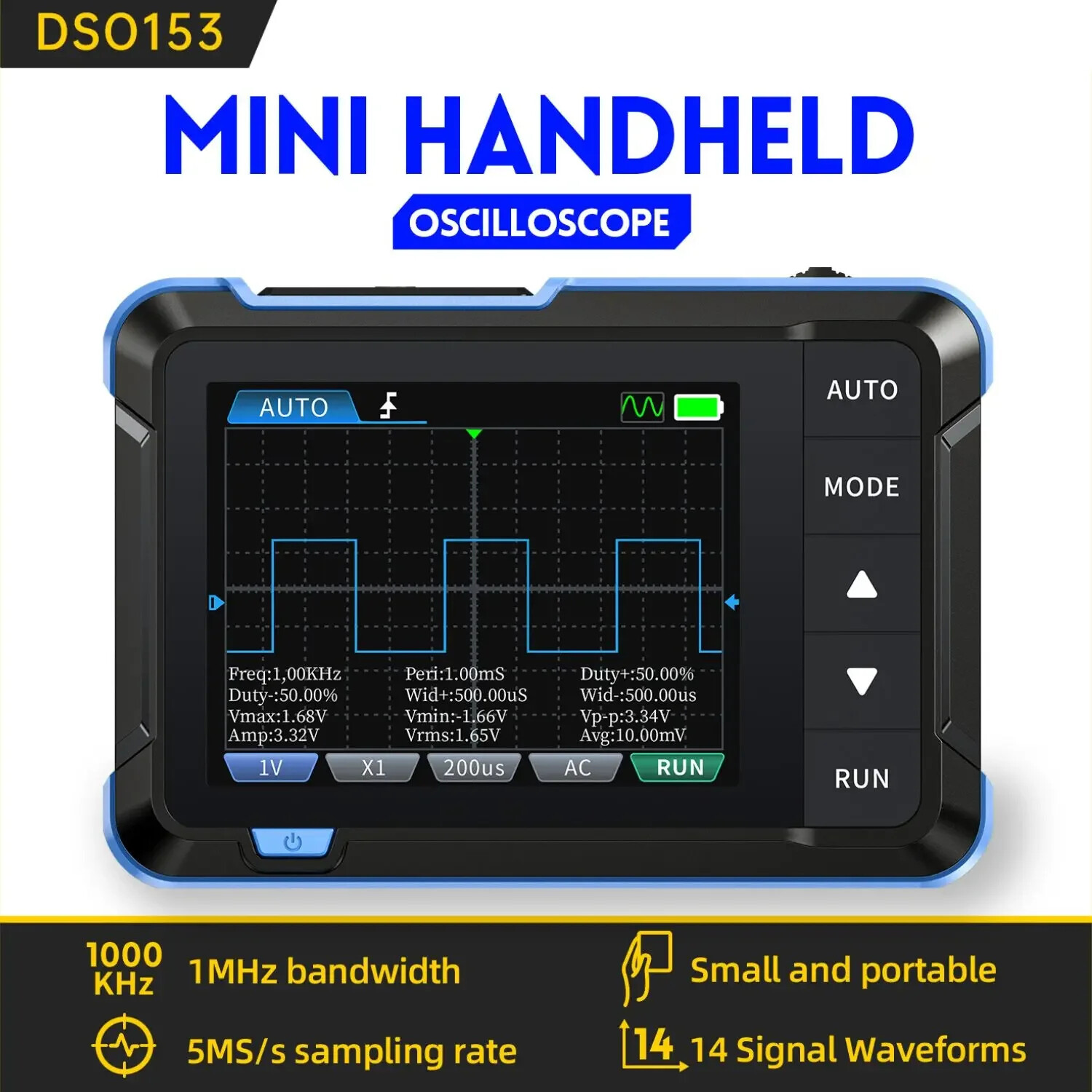 FNIRSI Portable Oscilloscope Signal Generator 2in1 1MHz Bandwidth 5MSa/s DSO153