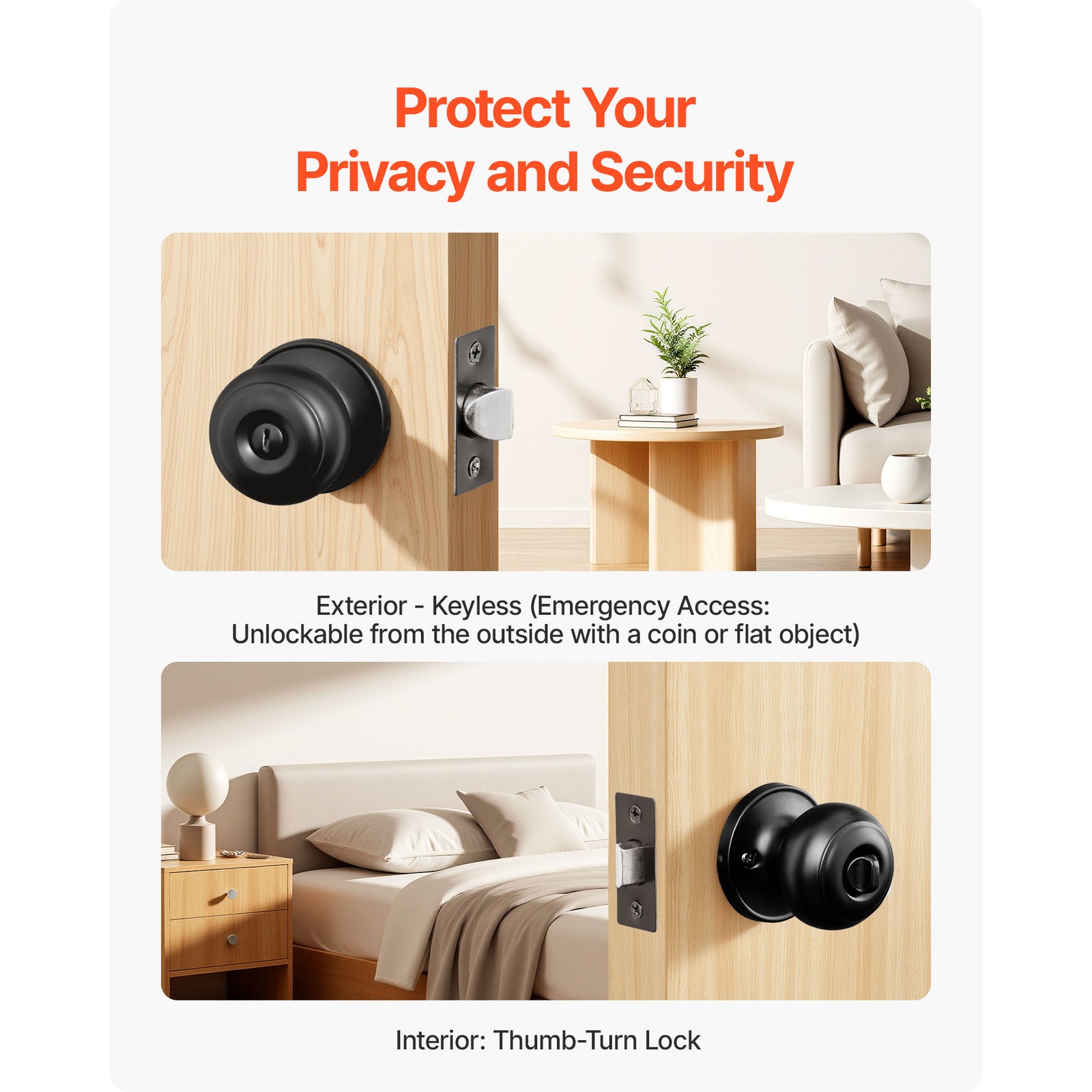 Uimoso Matte Black Interior Door Knobs for Bedroom and Bathroom, 6-Pack, Keyless