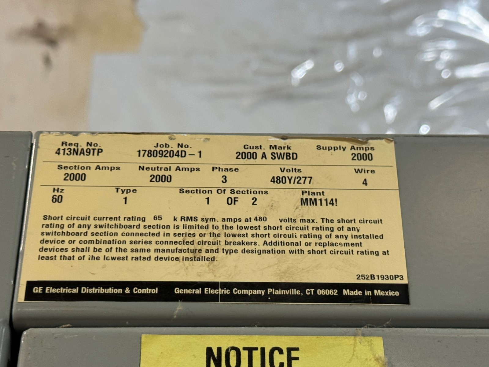 2000A GE MAIN BREAKER SWITCHGEAR 480/277v 2000A Plug SWITCHBOARD
