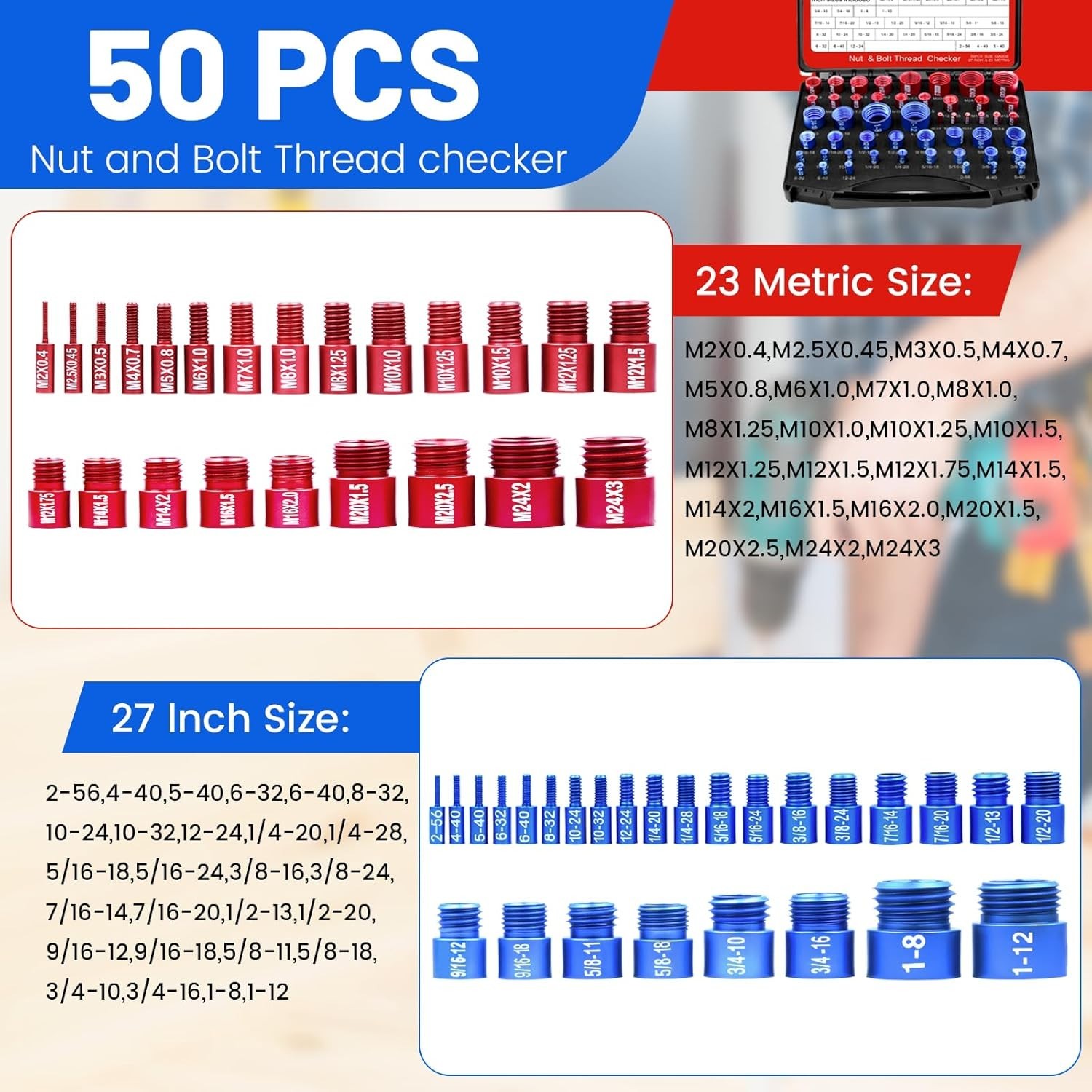 50Pcs Nut and Bolt Thread Checker 23 Metric + 27SAE Inch Thread Gauge Set, Deta