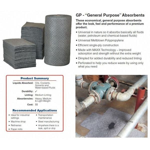 Brady Gp200 Sorbents, 44 Gal, 15 In X 19 In, Universal, Gray, Polypropylene