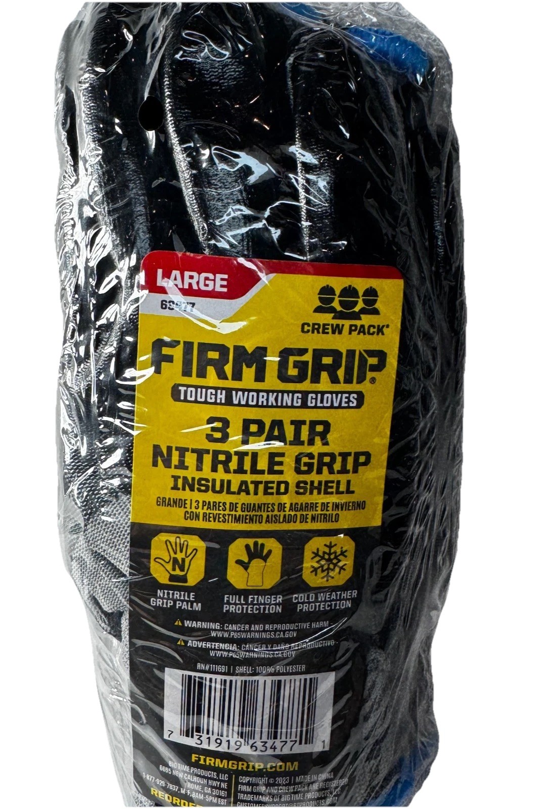 Firm Grip 3 Pair Size L Nitrile Coated Work Gloves Black