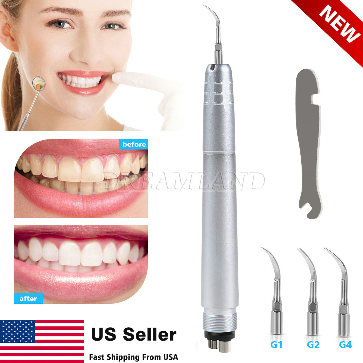 Dental Ultrasonic Air Scaler Handpiece Sonic 2/4 Hole+3 Tips Fit for NSK Scaler