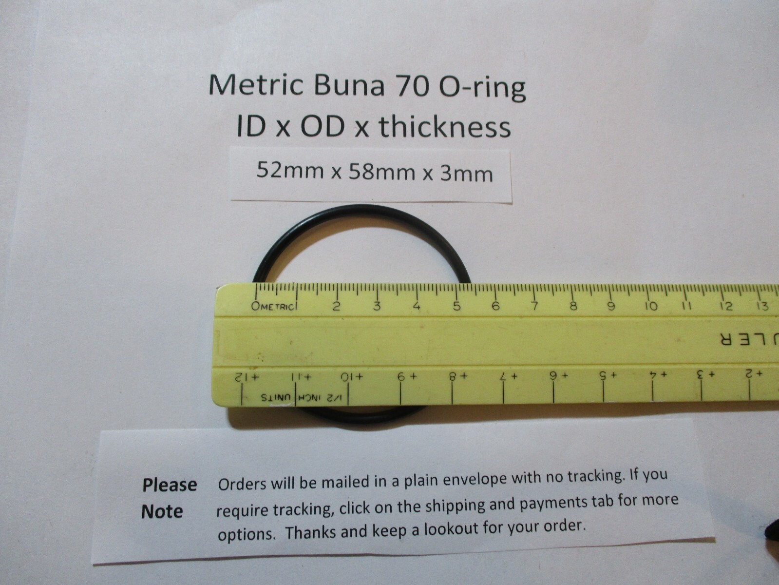 52mm ID x 58mm OD x 3mm thick O-ring. Buna-70. Quan 1.