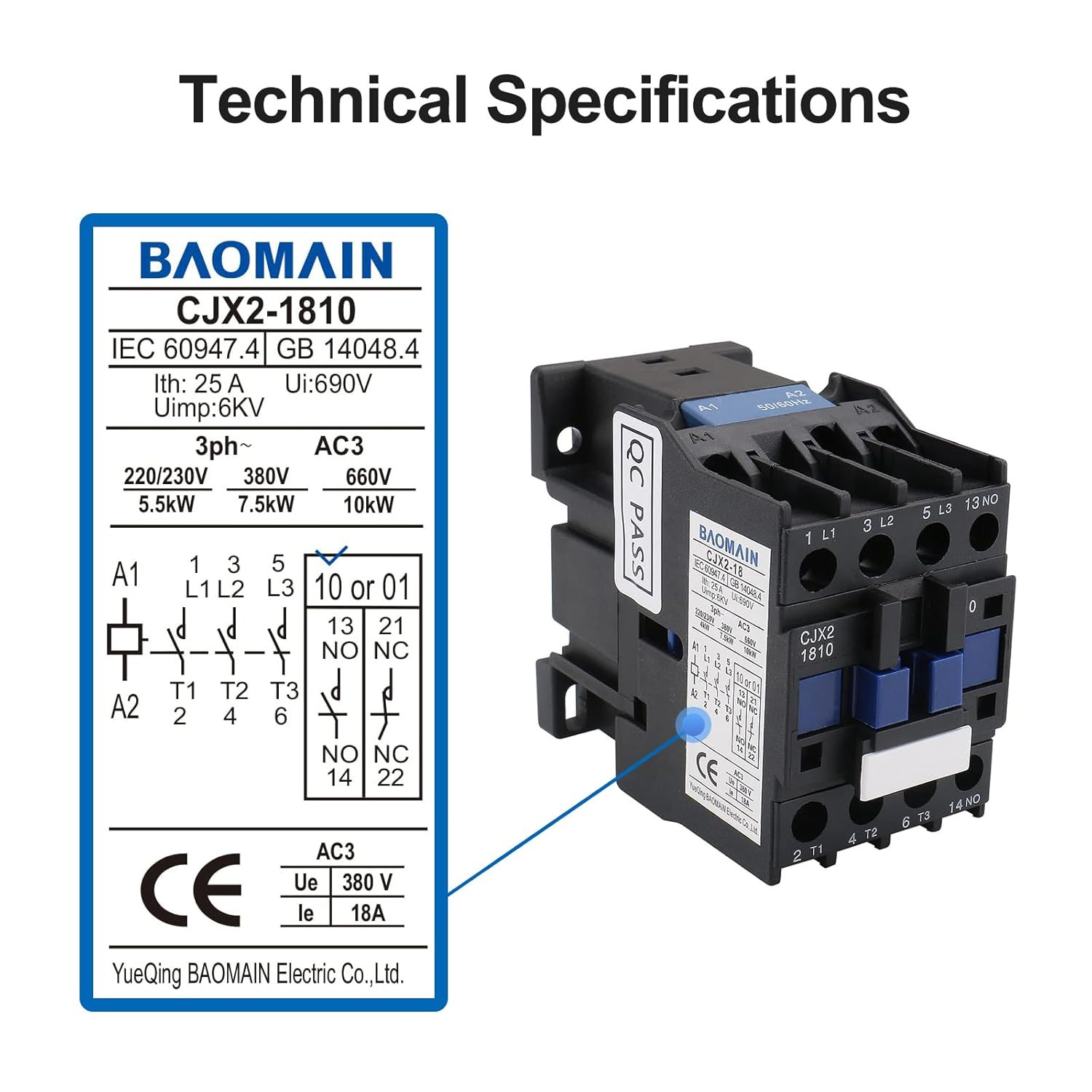AC Contactor CJX2-1810 Coil 110V 50/60Hz 3 Phase 1NO (Normally Open)