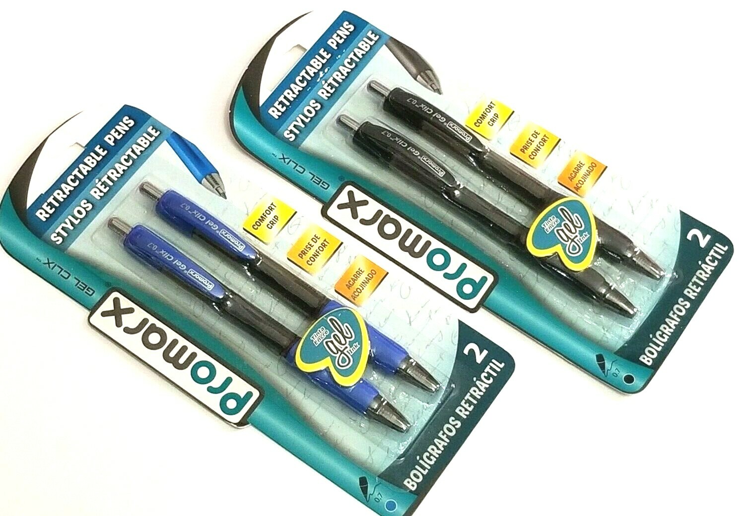 2 PACKS 4 PENS Promarx® GEL CLIX™ COMFORT GRIP RETRACTABLE BLACK & BLUE INK 0.7